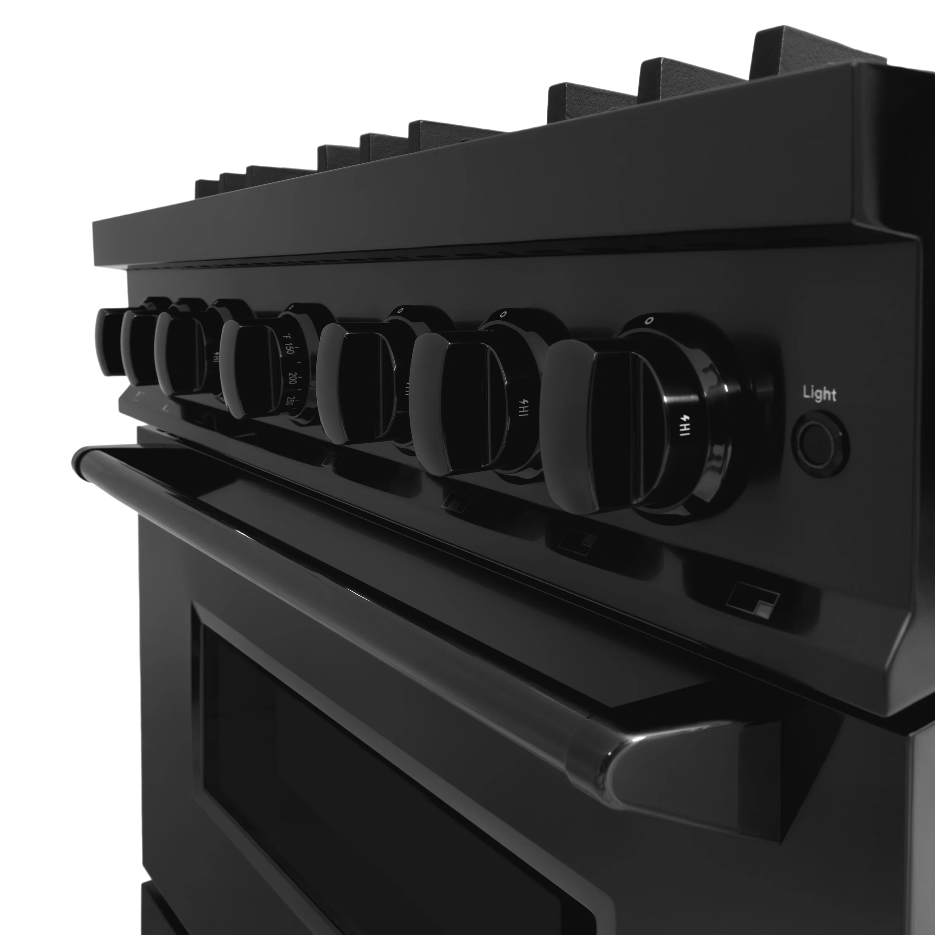 Black gas range control knobs with light setting control