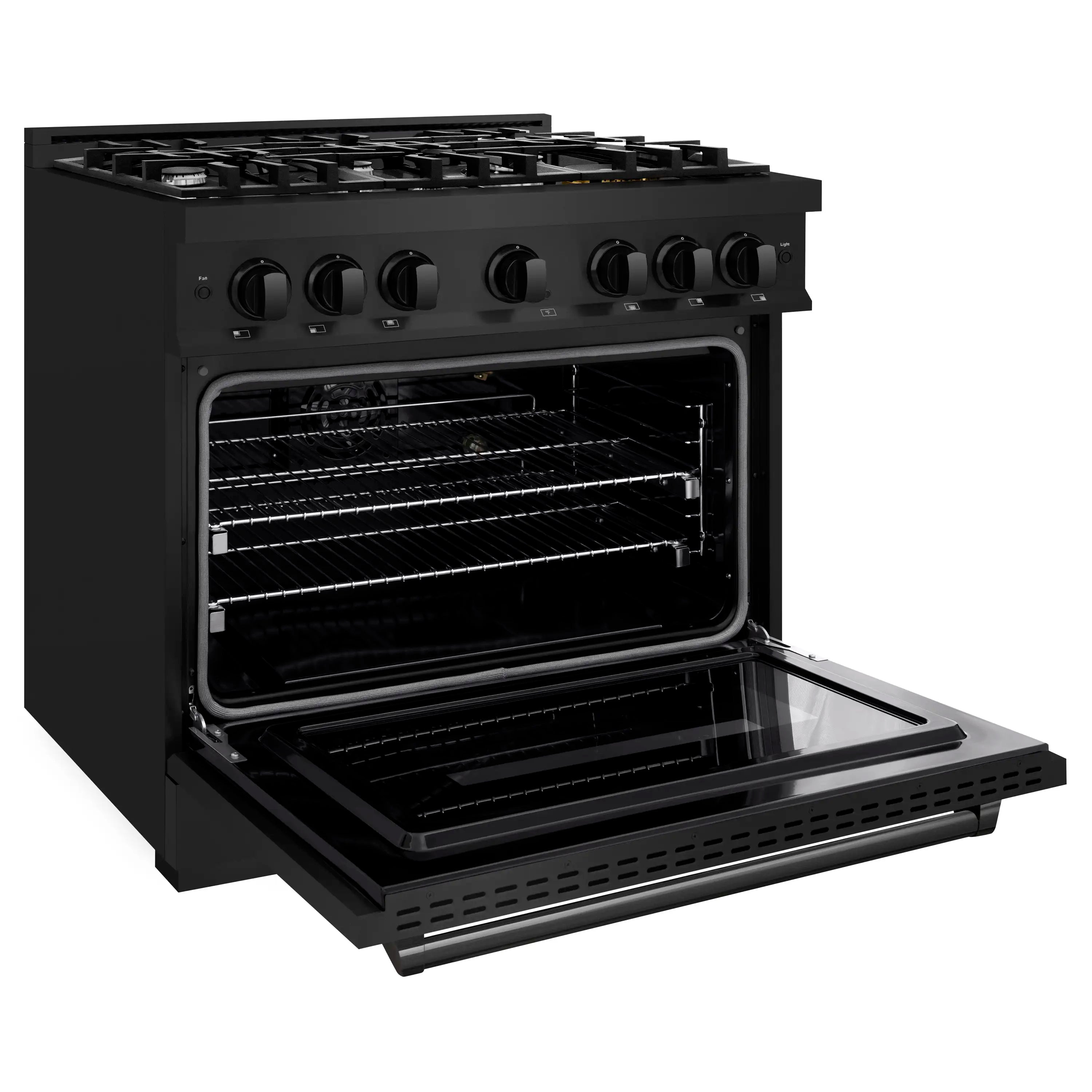 Black gas range oven door open with wire racks and pull-out drawer shelf