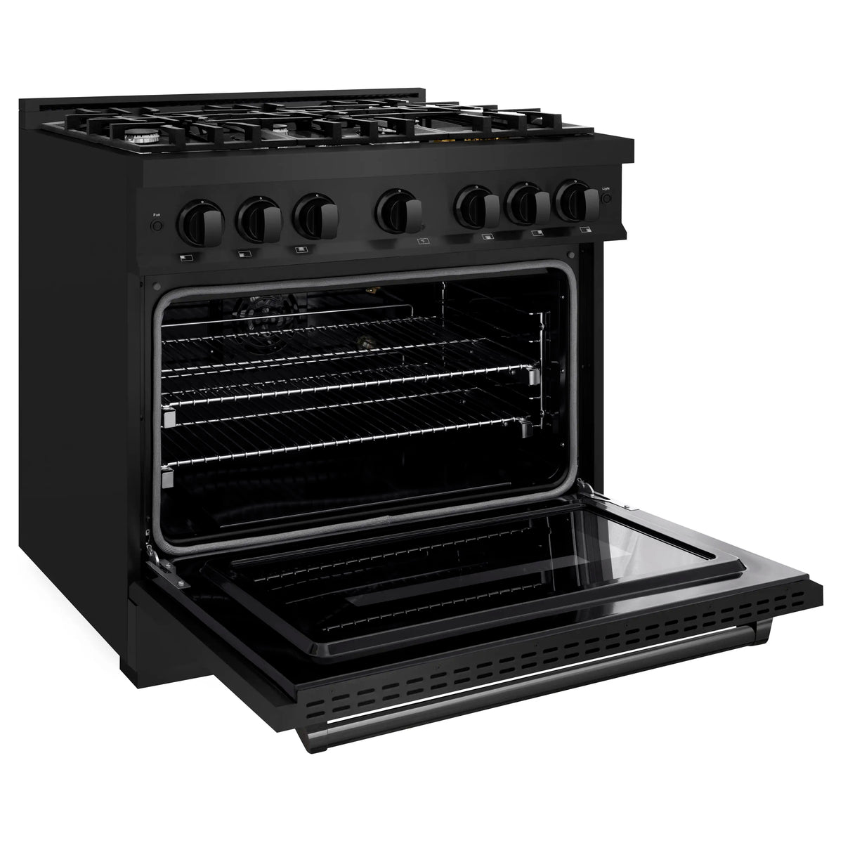 Black gas range with open oven door and cooking racks