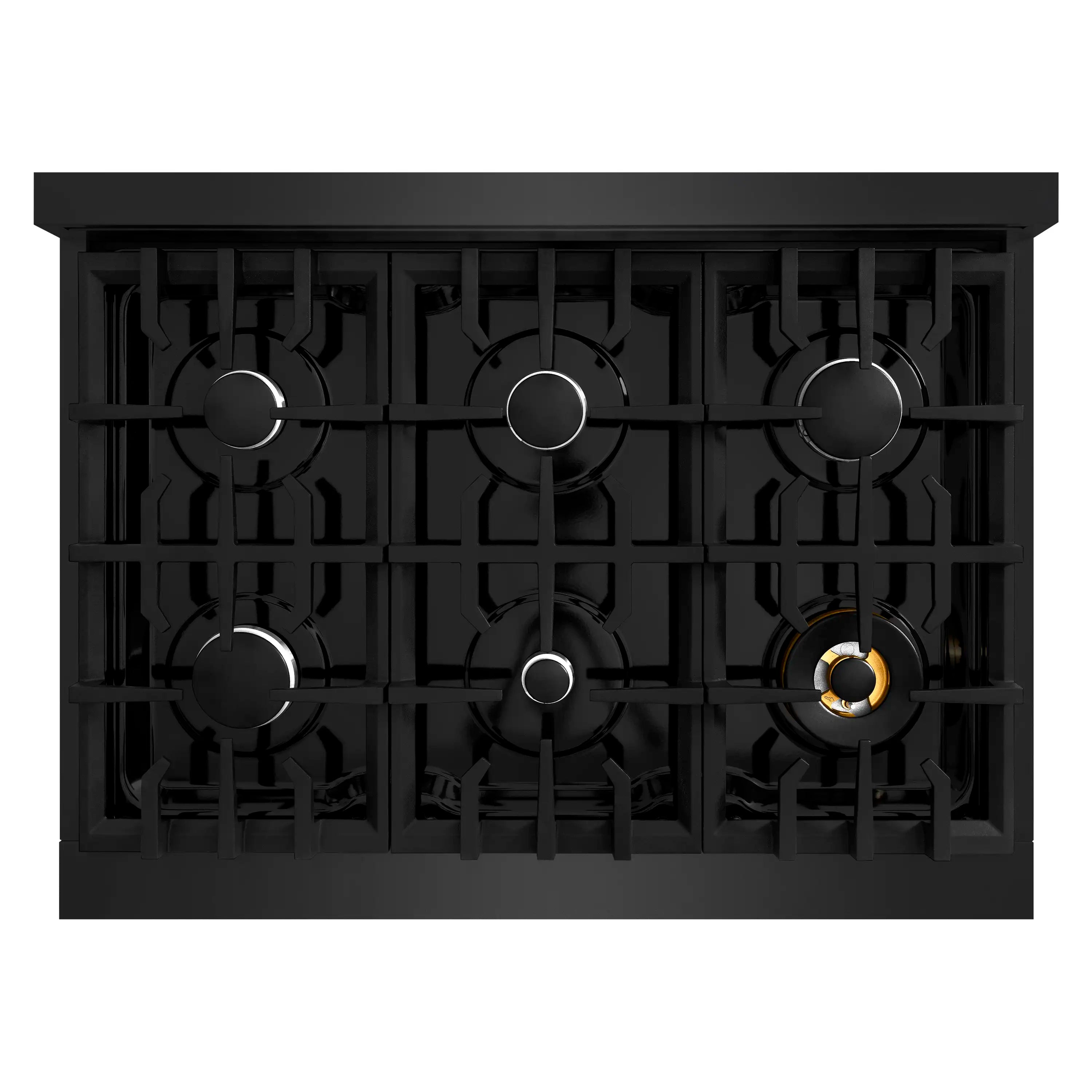 Black gas cooktop with five burners and metal grate supports