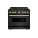 ZLINE 4-Piece Appliance Package - 36-Inch Gas Range, Hood, Refrigerator with Water Dispenser, and Dishwasher in Black Stainless Steel with Champagne Bronze Accents