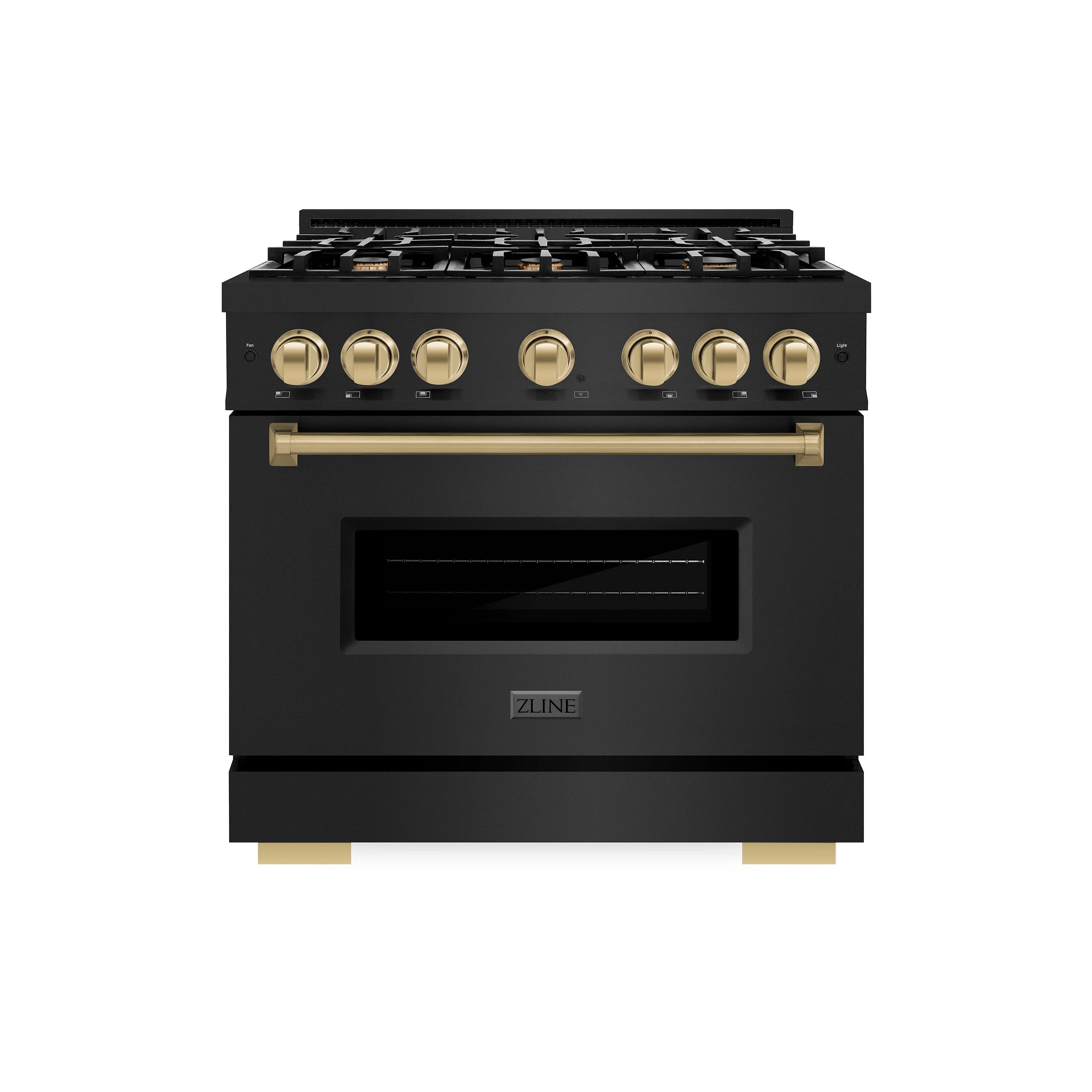 Black gas convection range front view with gold control knobs and oven door window