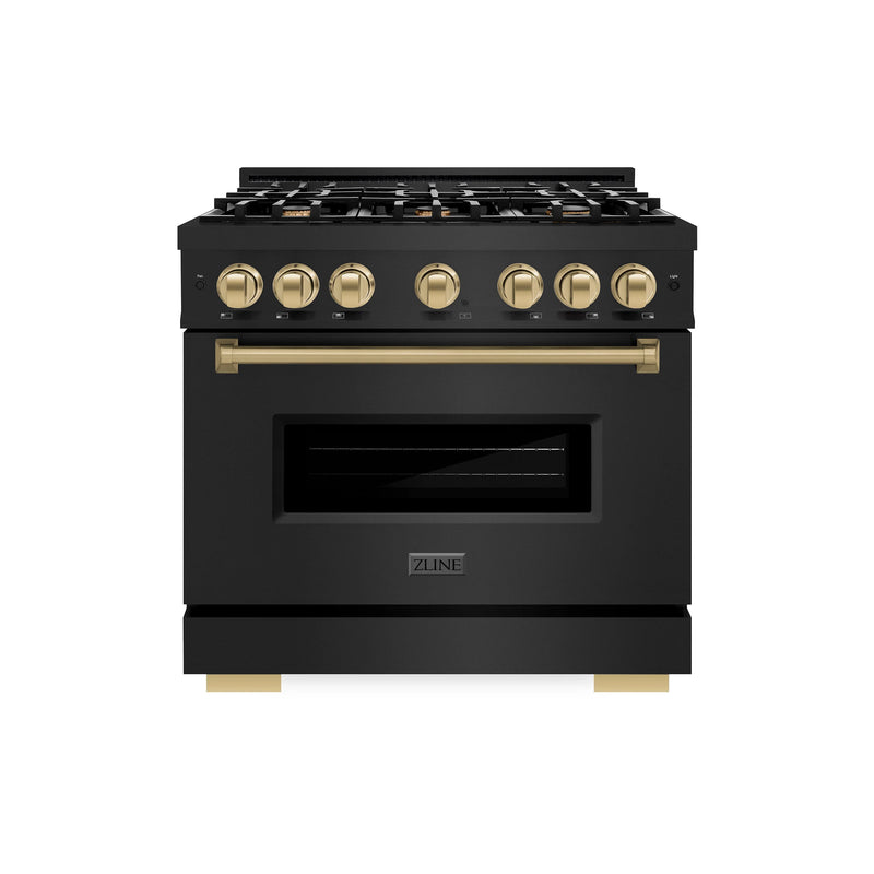 ZLINE 36-Inch Autograph Edition Classic Series Gas Range with 6 Gas Burner Cooktop and 5.2 Cu. Ft. Gas Convection Oven in Black Stainless Steel with Champagne Bronze Accents (CGRBZ-36-CB)