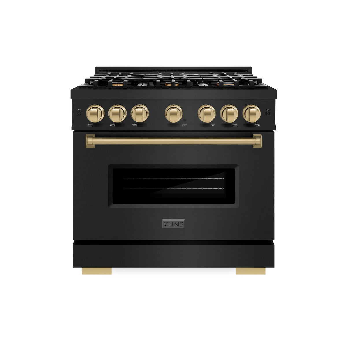 Black gas range front view with gold knobs and champagne bronze door handle