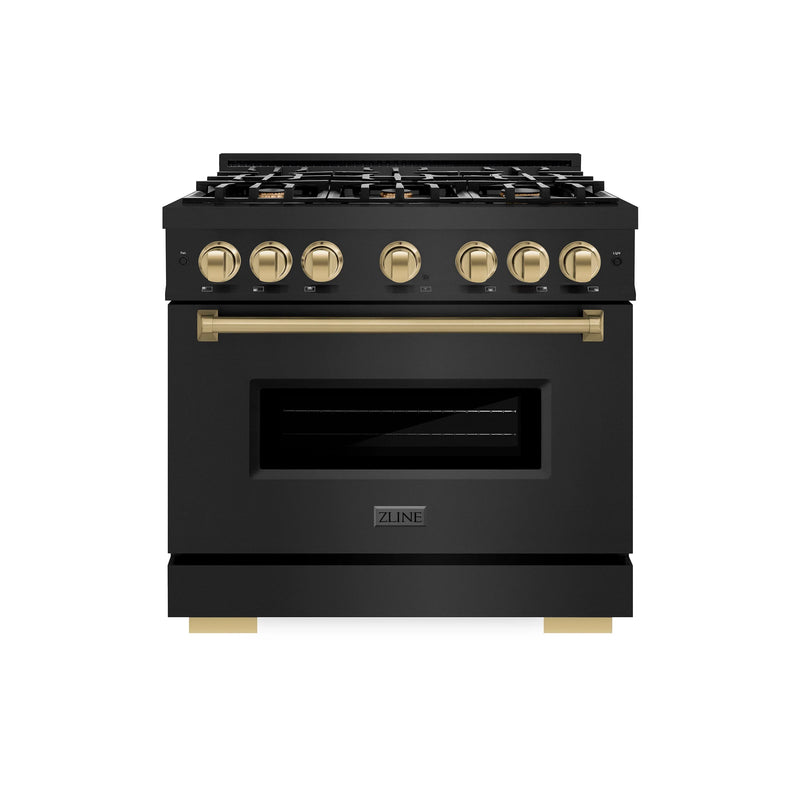 ZLINE 5-Piece Appliance Package - 36-Inch Gas Range, Hood, Refrigerator, Dishwasher, and Microwave Drawer in Black Stainless Steel with Champagne Bronze Accents