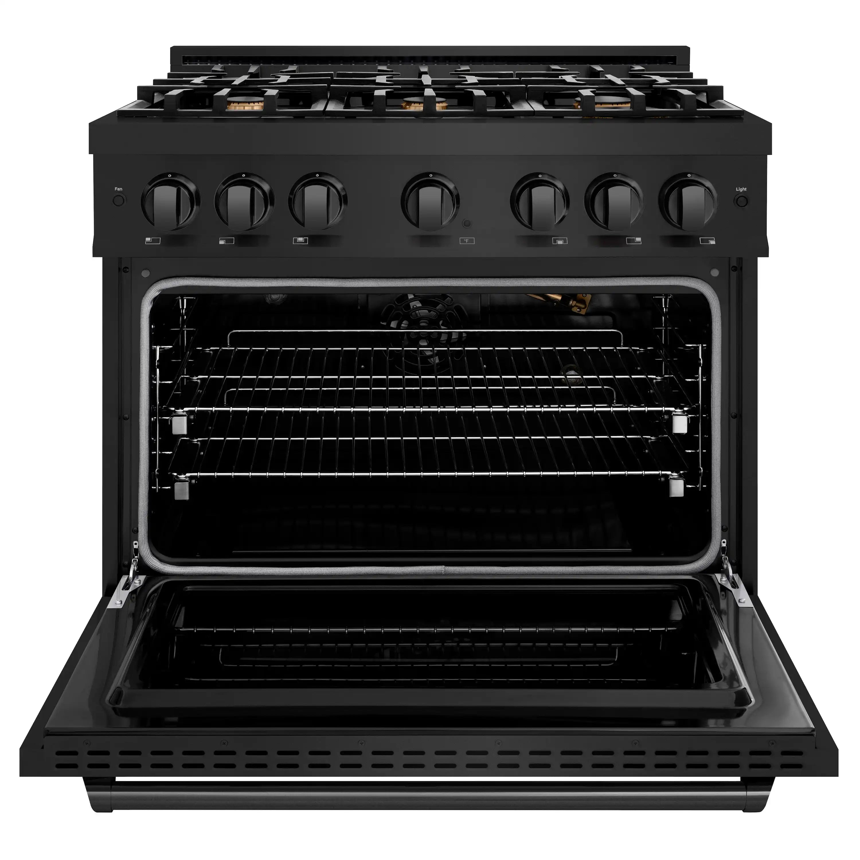 Black ZLINE gas convection oven with oven door open and interior racks visible.