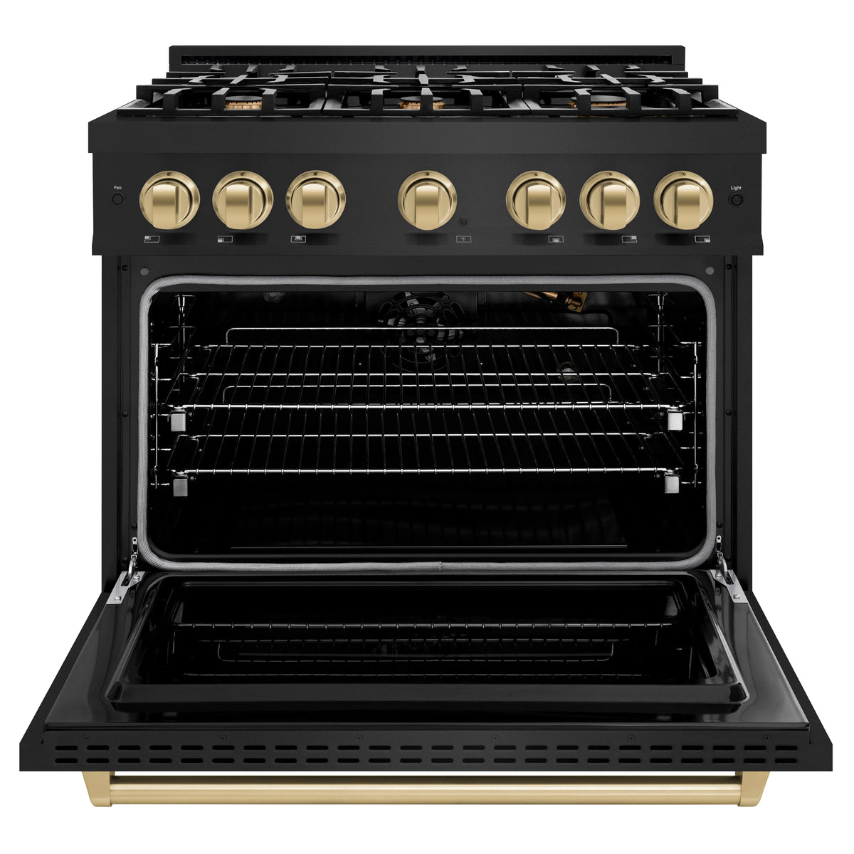 Black gas range oven with open door and wire racks, gold knobs and bronze handle