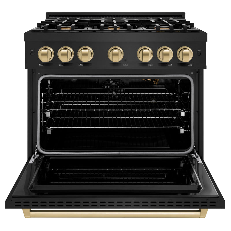 ZLINE 5-Piece Appliance Package - 36-Inch Gas Range, Hood, Refrigerator, Dishwasher, and Microwave Drawer in Black Stainless Steel with Champagne Bronze Accents