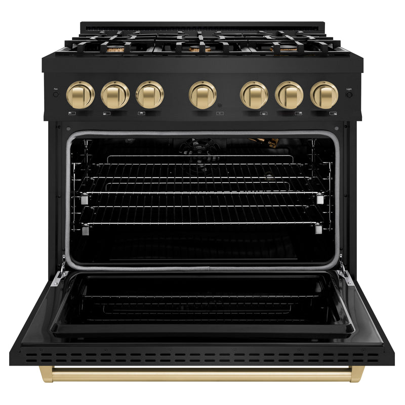 ZLINE 36-Inch Autograph Edition Classic Series Gas Range with 6 Gas Burner Cooktop and 5.2 Cu. Ft. Gas Convection Oven in Black Stainless Steel with Champagne Bronze Accents (CGRBZ-36-CB)