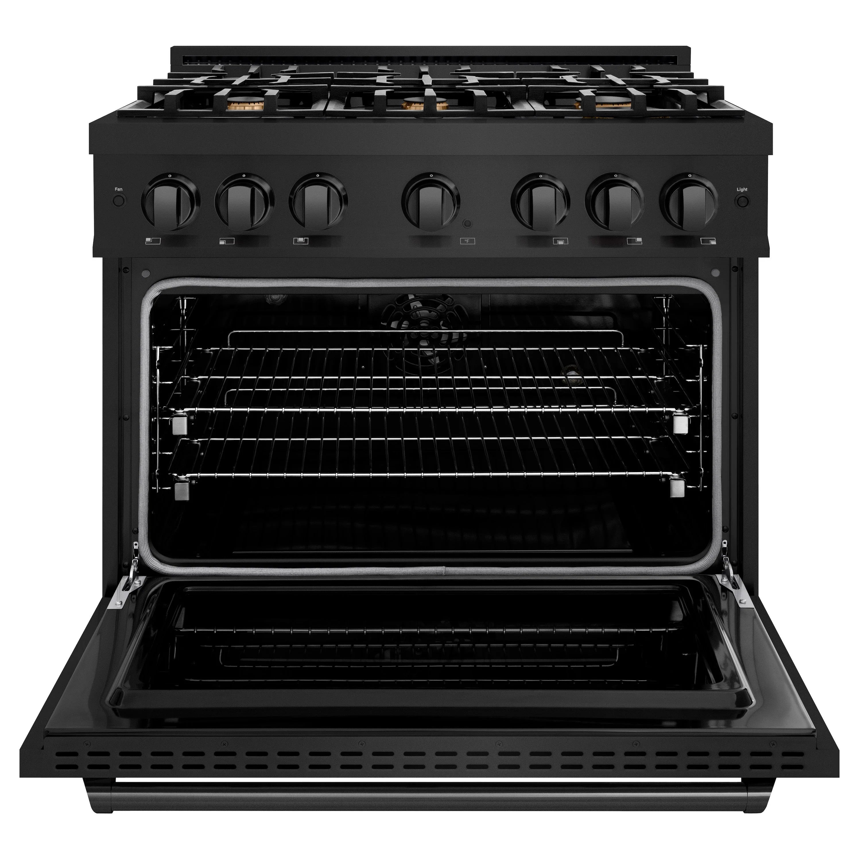 Black dual fuel range with open oven door and six gas burner cooktop, front control knobs