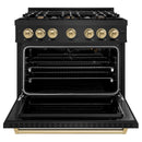 ZLINE 4-Piece Appliance Package - 36-Inch Gas Range, Hood, Refrigerator, and Dishwasher in Black Stainless Steel with Champagne Bronze Accents