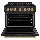 ZLINE 5-Piece Appliance Package - 36-Inch Autograph Edition Gas Range, Wall Mount Range Hood, 36-Inch French Door Refrigerator with Water Dispenser, Dishwasher, and 30-Inch Microwave Drawer in Black Stainless Steel with Champagne Bronze Accents