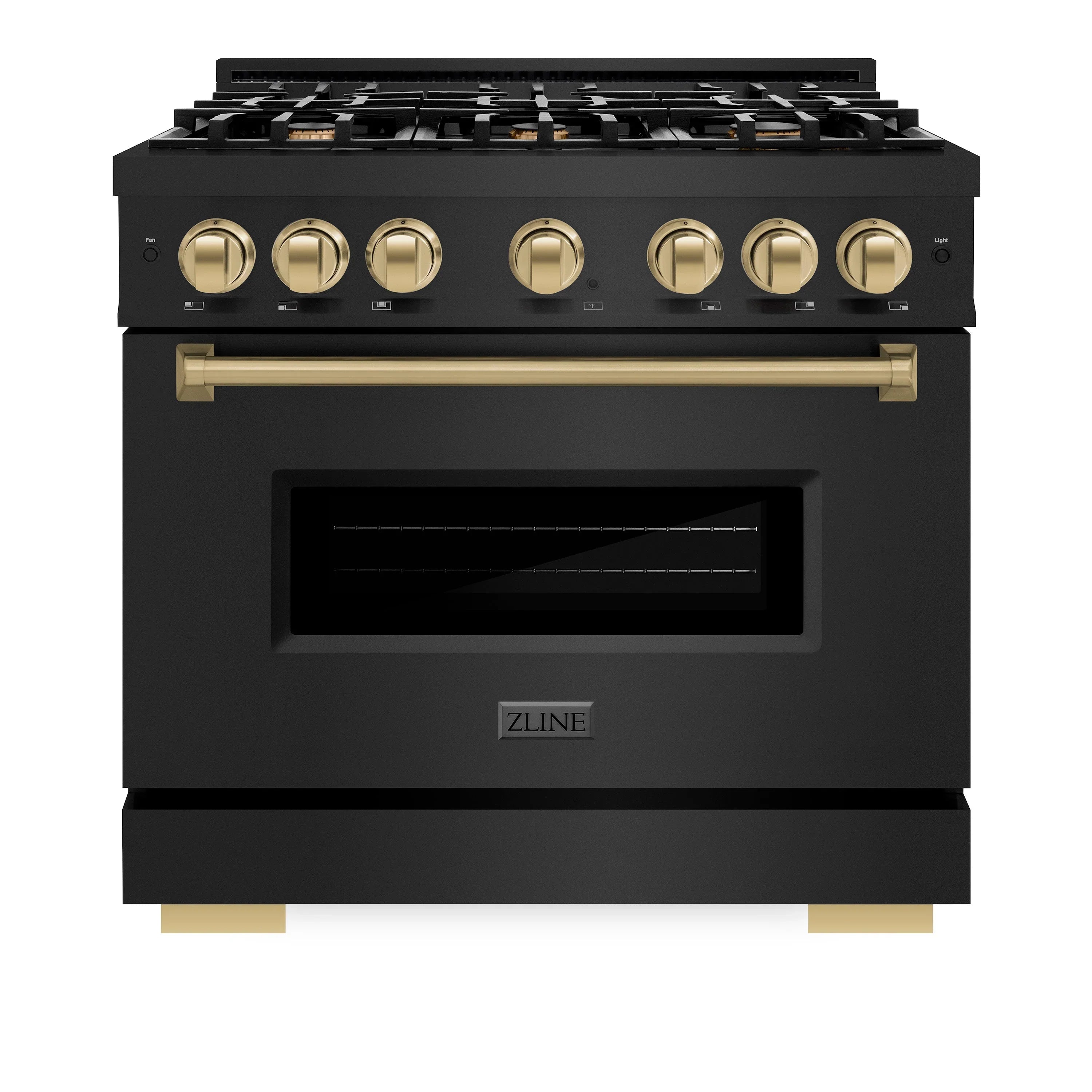 Black gas range with champagne bronze control knobs, grates, and oven door window