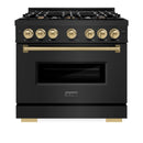 ZLINE 5-Piece Appliance Package - 36-Inch Gas Range, Hood, Refrigerator, Dishwasher, and Microwave Drawer in Black Stainless Steel with Champagne Bronze Accents