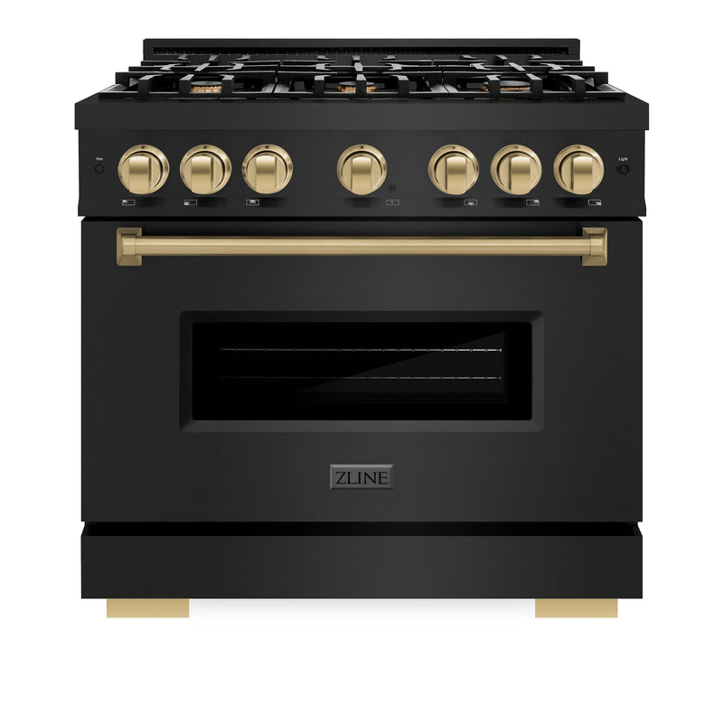 ZLINE 5-Piece Appliance Package - 36-Inch Gas Range, Hood, Refrigerator, Dishwasher, and Microwave Drawer in Black Stainless Steel with Champagne Bronze Accents