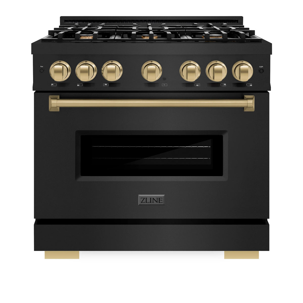 ZLINE 4-Piece Appliance Package - 36-Inch Classic Gas Range, Refrigerator, Dishwasher, and 24-Inch Microwave Drawer in Black Stainless Steel with Champagne Bronze Accents