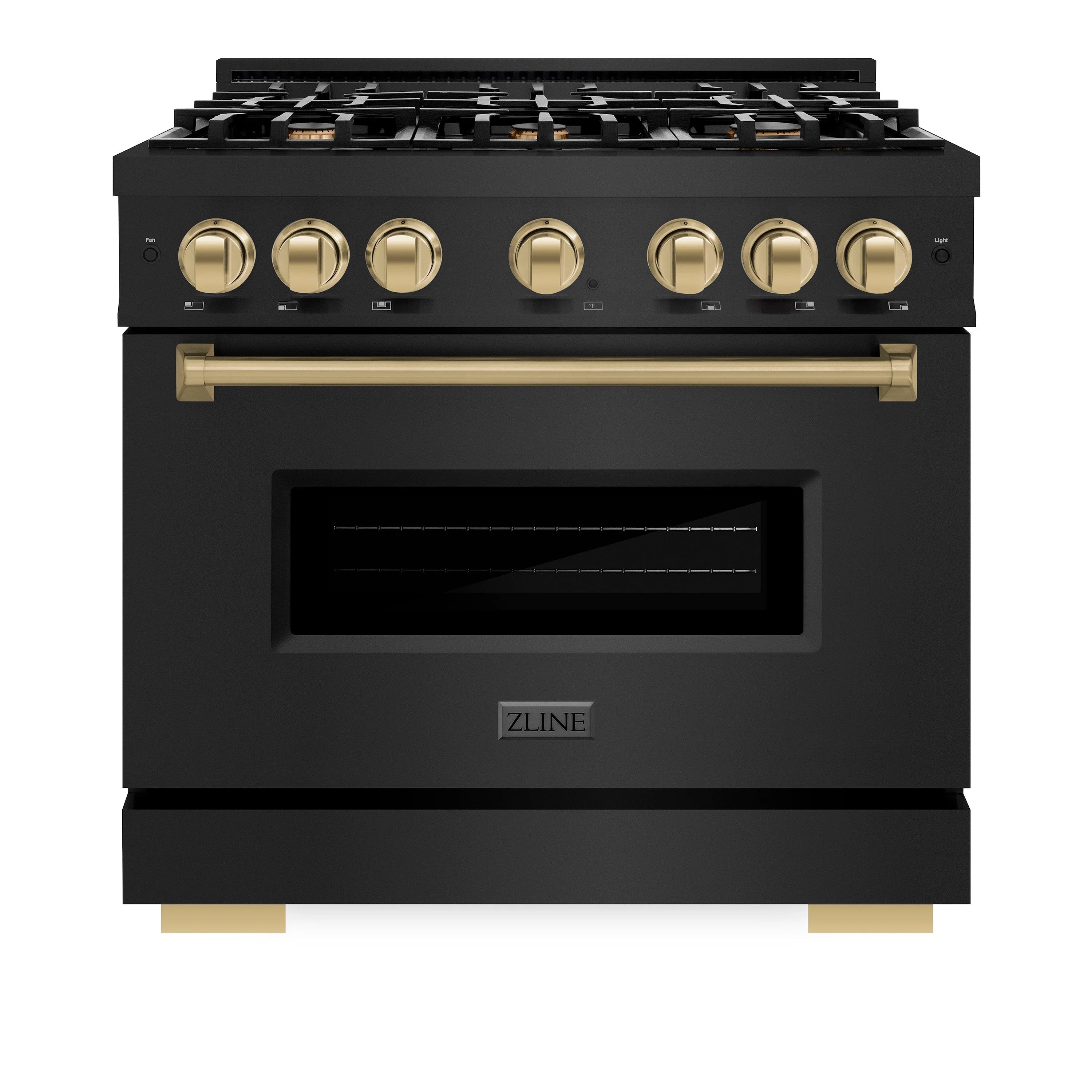 Black gas convection range front with gold knobs and champagne bronze handle accents