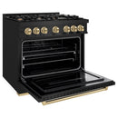 ZLINE 5-Piece Appliance Package - 36-Inch Gas Range, Hood, Refrigerator, Dishwasher, and Microwave Drawer in Black Stainless Steel with Champagne Bronze Accents