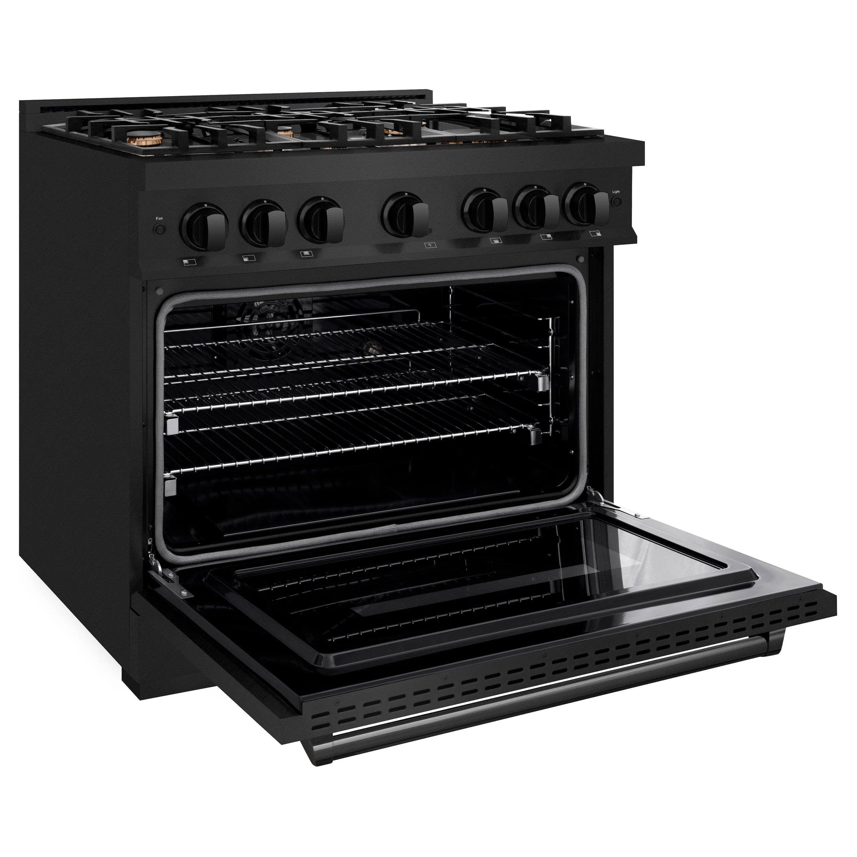 Black dual-fuel range with open electric convection oven and oven rack shelves