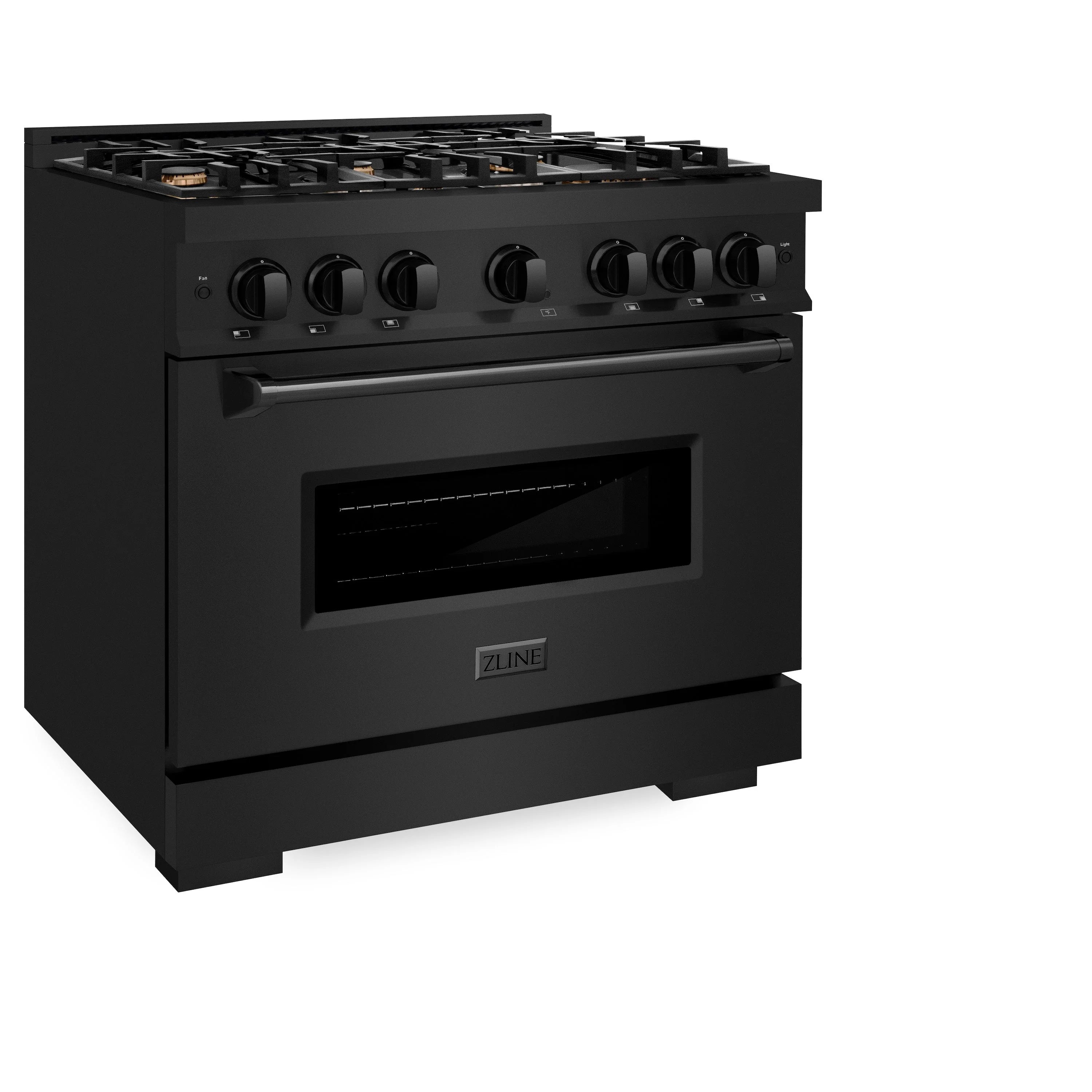 Black dual-fuel freestanding range with 6 gas burners and control knobs