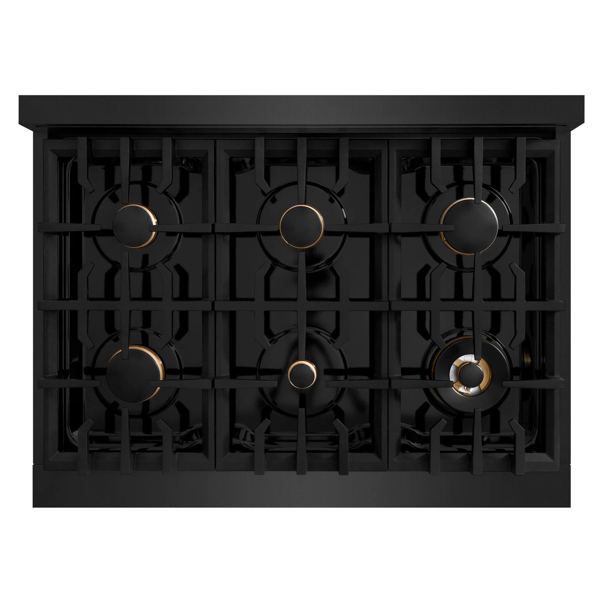 Black cooktop with 6 burner heads and front control knobs