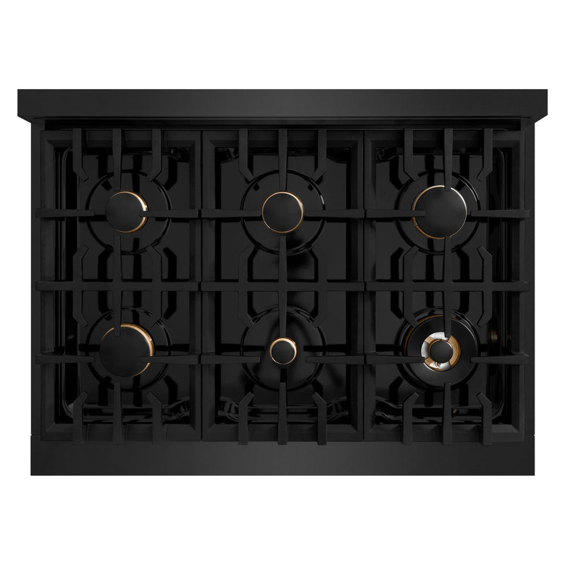 ZLINE 5-Piece Appliance Package - 36-Inch Gas Range, Hood, Refrigerator, Dishwasher, and Microwave Drawer in Black Stainless Steel with Champagne Bronze Accents