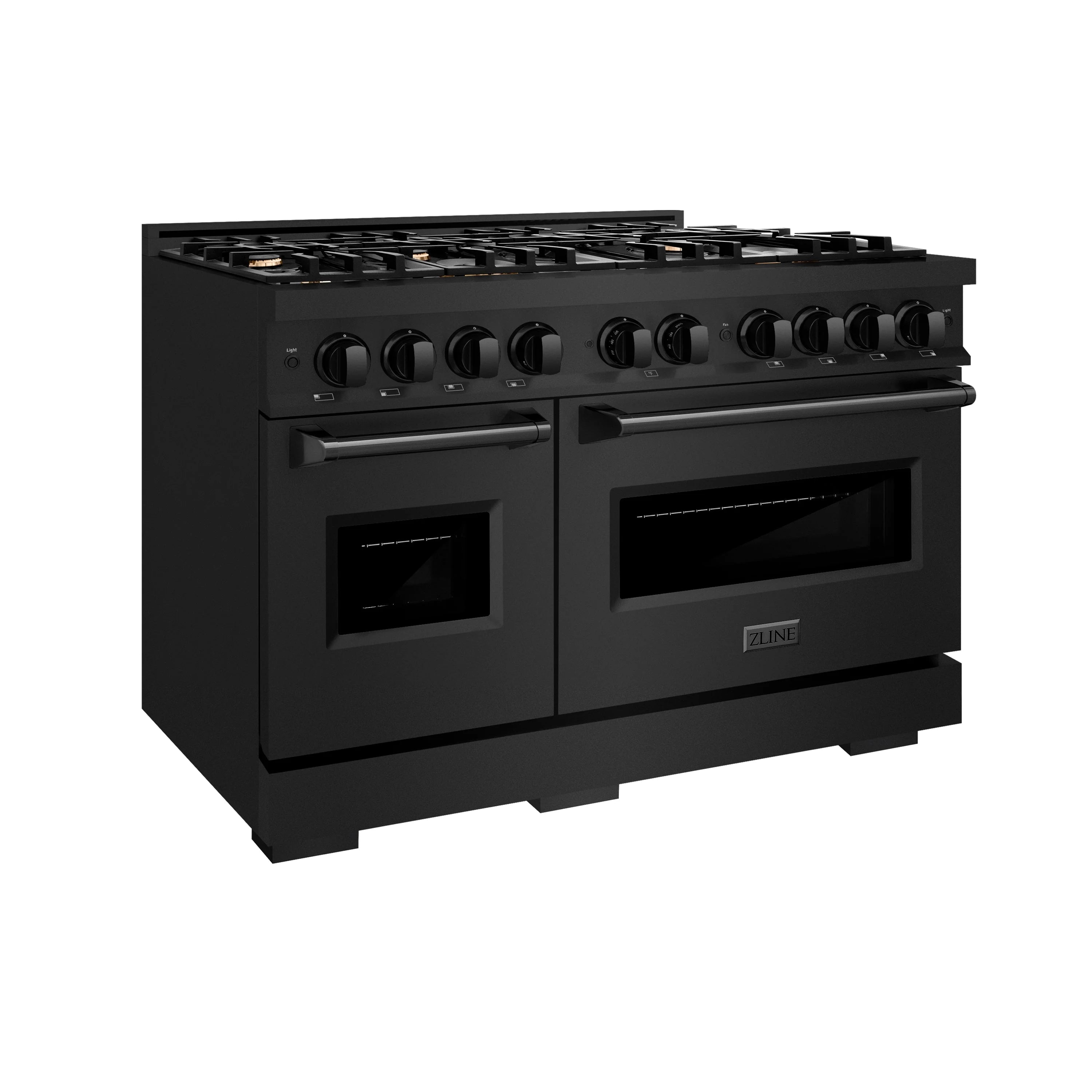 Black gas range with control knobs and double oven doors, side view
