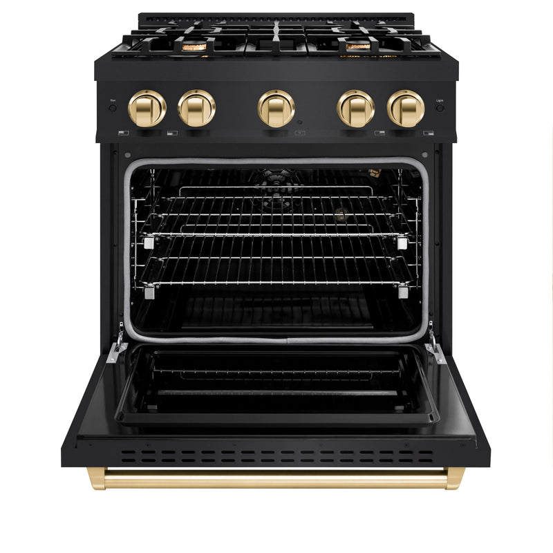 ZLINE 5-Piece Appliance Package - 30-Inch Gas Range, Hood, Refrigerator with Water Dispenser, Dishwasher, and Microwave Drawer in Black Stainless Steel with Gold Accents