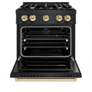 ZLINE 4-Piece Appliance Package - 30-Inch Gas Range, Hood, Refrigerator with Water Dispenser, and Dishwasher in Black Stainless Steel with Gold Accents