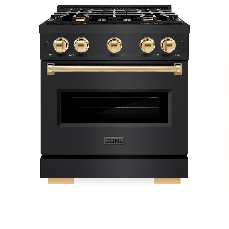 ZLINE 5-Piece Appliance Package - 30-Inch Gas Range, Hood, Refrigerator with Water Dispenser, Dishwasher, and Microwave Drawer in Black Stainless Steel with Gold Accents
