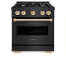 ZLINE 4-Piece Appliance Package - 30-Inch Gas Range, Hood, Refrigerator, and Dishwasher in Black Stainless Steel with Gold Accents