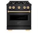 ZLINE 5-Piece Appliance Package - 30-Inch Gas Range, Hood, Refrigerator, Dishwasher, and Microwave Drawer in Black Stainless Steel with Gold Accents