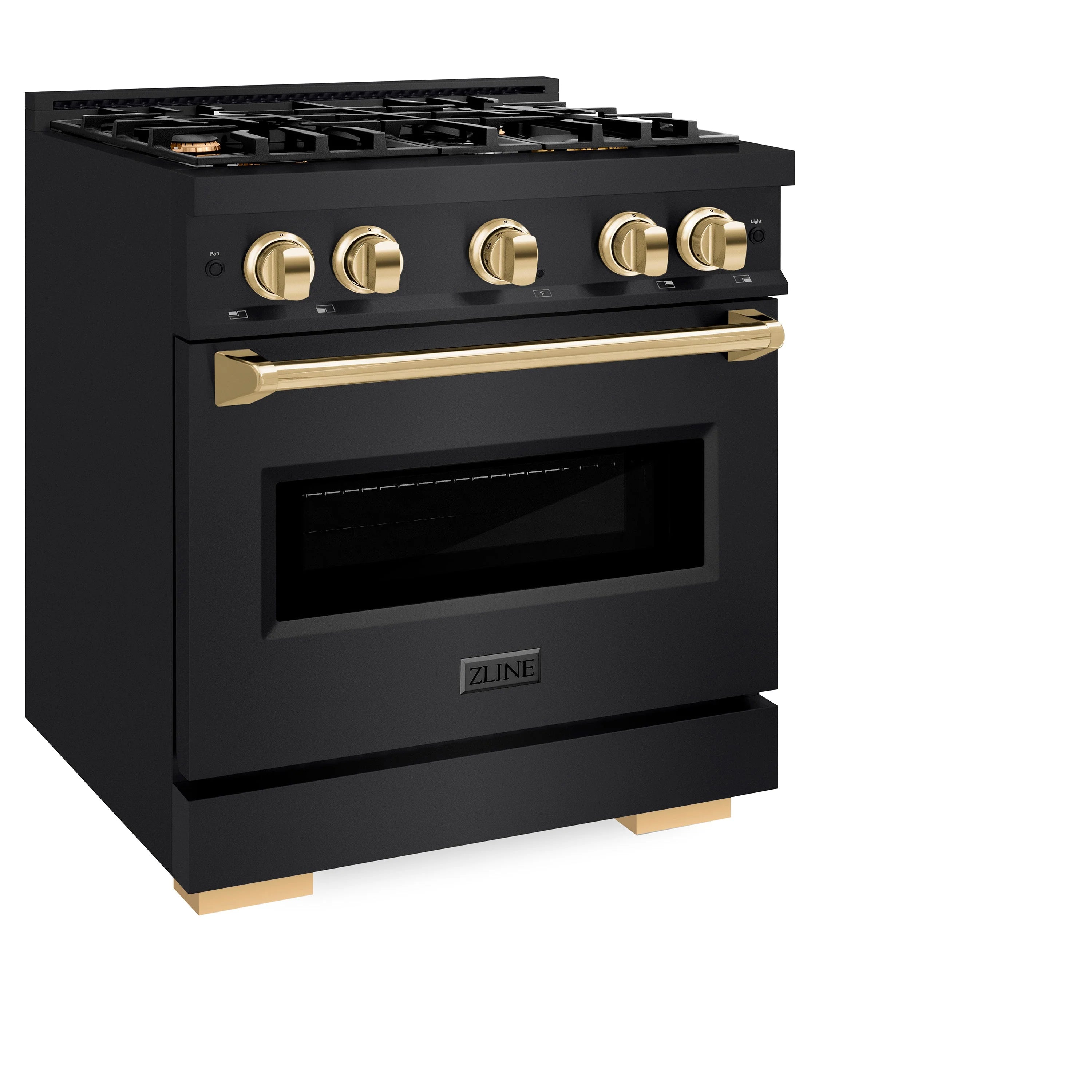 Black gas range with gold oven handle, four-burner cooktop, and gold control knobs