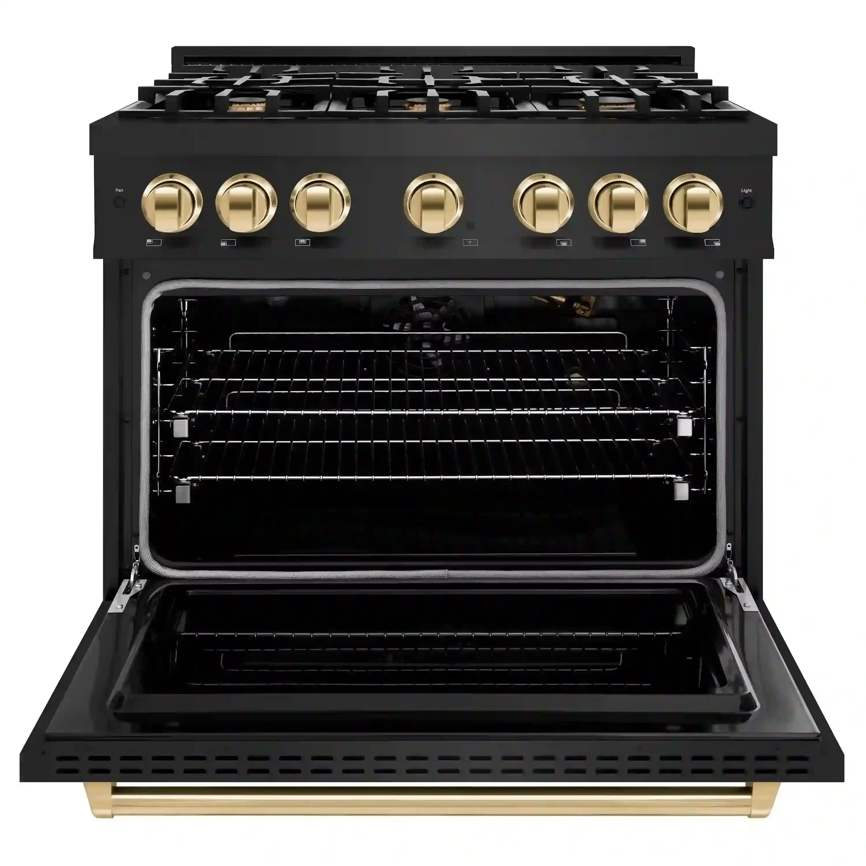 Black gas range with open oven and visible baking racks, gold control panel