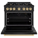 ZLINE 4-Piece Appliance Package - 36-Inch Gas Range, Hood, Refrigerator with Water Dispenser, and Dishwasher in Black Stainless Steel with Gold Accents