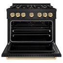 ZLINE 5-Piece Appliance Package - 36-Inch Gas Range, Hood, Refrigerator with Water Dispenser, Dishwasher, and Microwave Drawer in Black Stainless Steel with Gold Accents