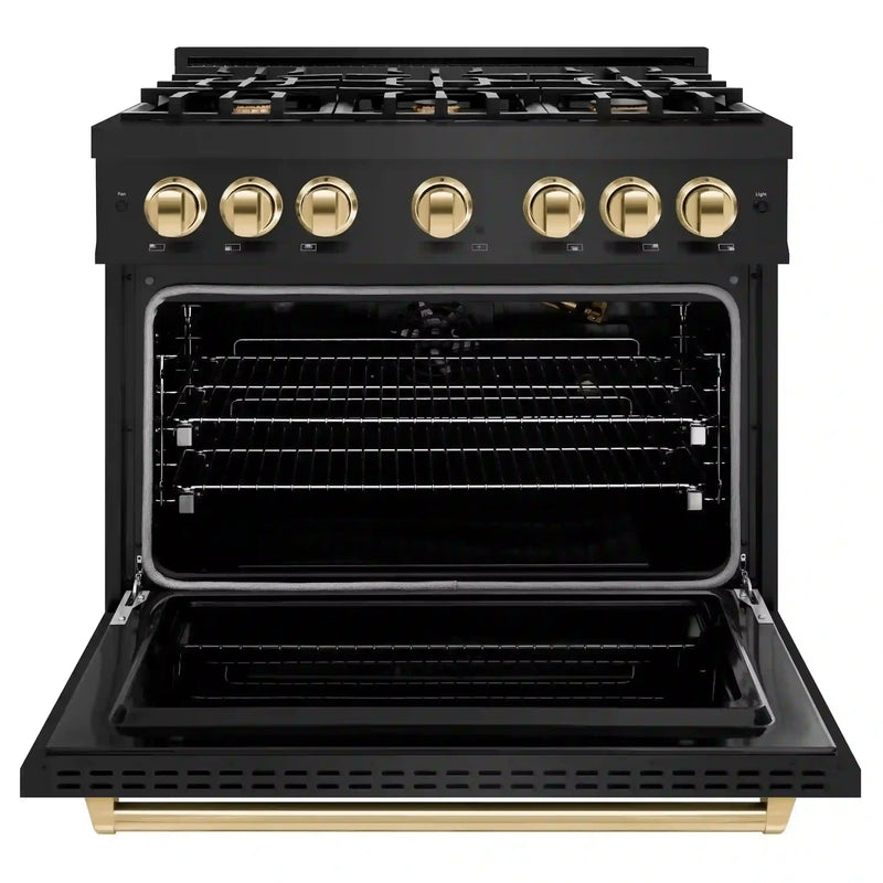 ZLINE 4-Piece Appliance Package - 36-Inch Gas Range, Hood, Refrigerator, and Dishwasher in Black Stainless Steel with Gold Accents