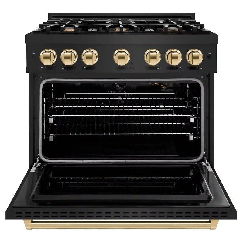 ZLINE Autograph Edition 36-Inch Classic Series Gas Range with 6 Gas Burner Cooktop and 5.2 Cu. Ft. Gas Convection Oven in Black Stainless Steel with Gold (CGRBZ-36-G)