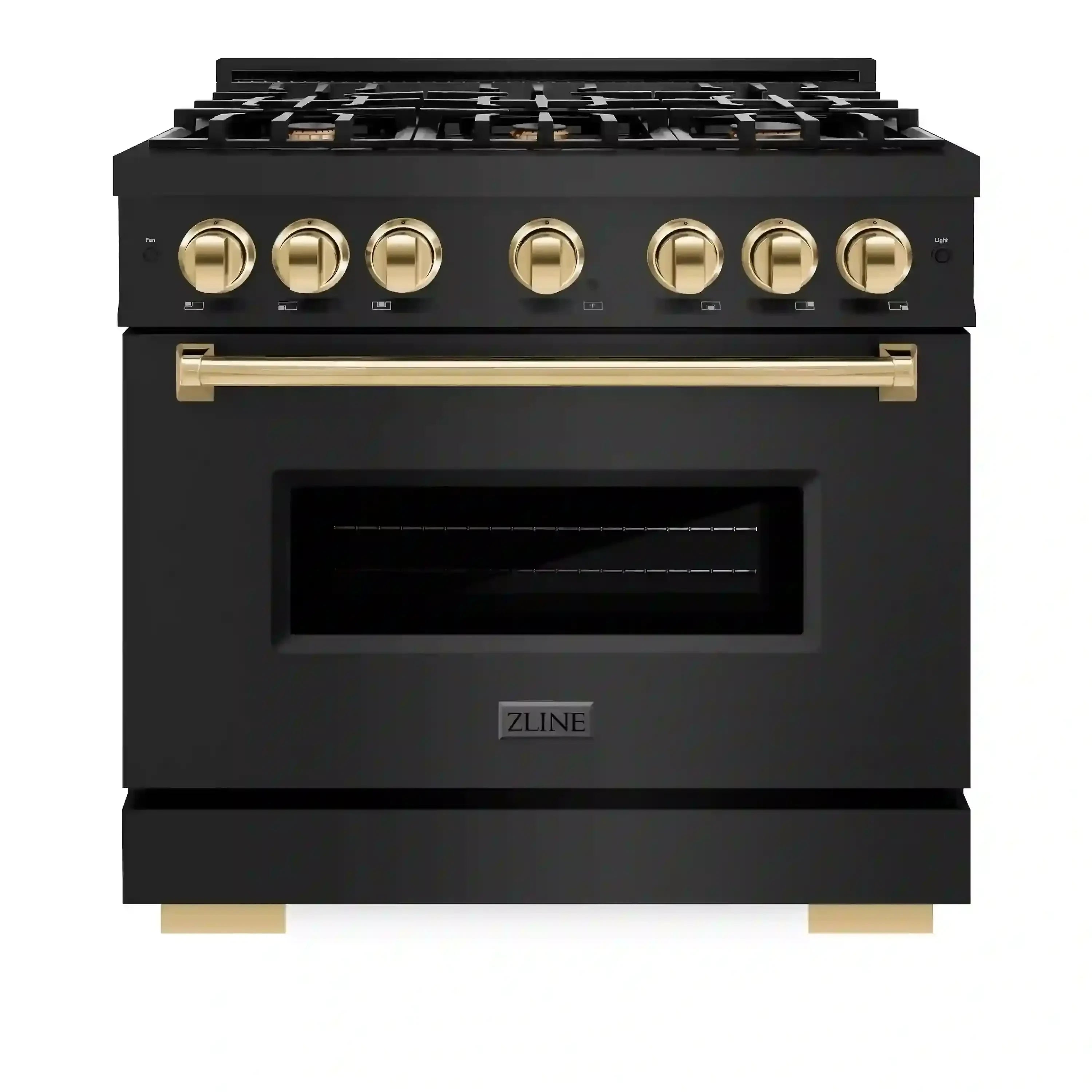 Black gas range with gold control knobs and front view of the cooktop