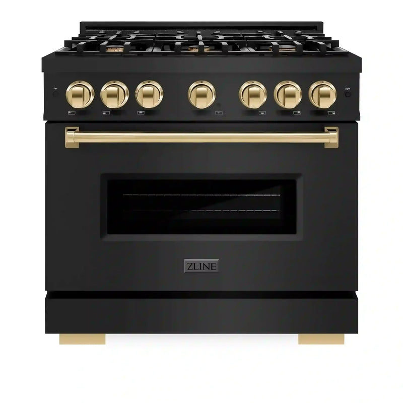 ZLINE Autograph Edition 36-Inch Classic Series Gas Range with 6 Gas Burner Cooktop and 5.2 Cu. Ft. Gas Convection Oven in Black Stainless Steel with Gold (CGRBZ-36-G)