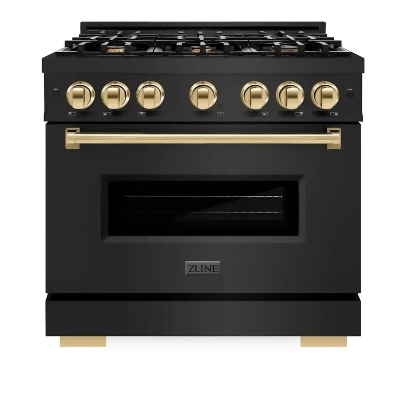 ZLINE 4-Piece Appliance Package - 36-Inch Gas Range, Hood, Refrigerator with Water Dispenser, and Dishwasher in Black Stainless Steel with Gold Accents