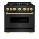 ZLINE 3-Piece Appliance Package - 36-Inch Gas Range, Refrigerator with Water Dispenser, and Dishwasher in Black Stainless Steel with Gold Accents