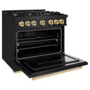 ZLINE 5-Piece Appliance Package - 36-Inch Gas Range, Hood, Refrigerator with Water Dispenser, Dishwasher, and Microwave Drawer in Black Stainless Steel with Gold Accents