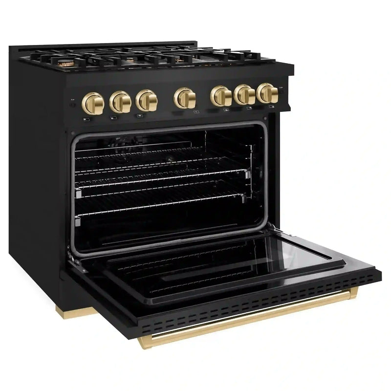 ZLINE 4-Piece Appliance Package - 36-Inch Gas Range, Hood, Refrigerator, and Dishwasher in Black Stainless Steel with Gold Accents
