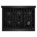 ZLINE 3-Piece Appliance Package - 36-Inch Gas Range, Refrigerator, and Dishwasher in Black Stainless Steel with Gold Accents