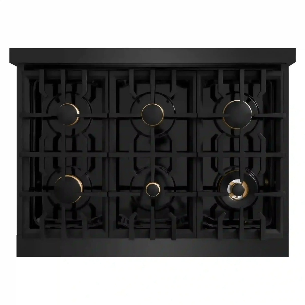 Black gas cooktop with six burners and gold-ring control knobs, top view