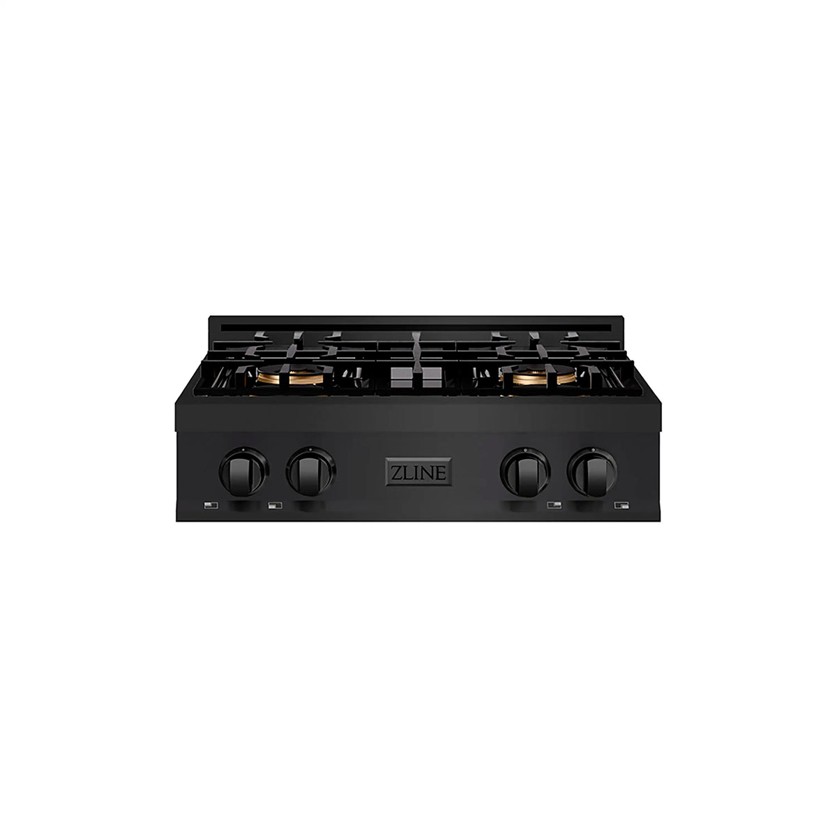 Black gas cooktop front view with four burner knobs and ZLINE center badge