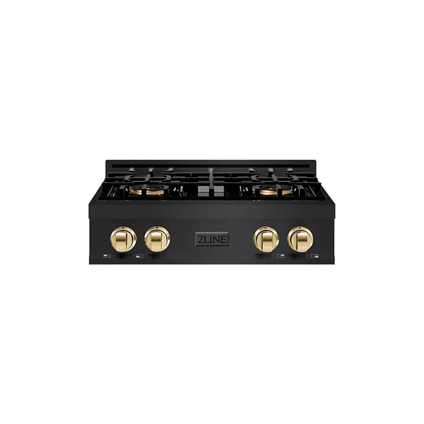 ZLINE Autograph Edition 30-Inch Classic Gas Rangetop with 4 Burner DuoPro™ Cooktop in Black Stainless Steel and Polished Gold Accents (PCRTBZ-30-G)