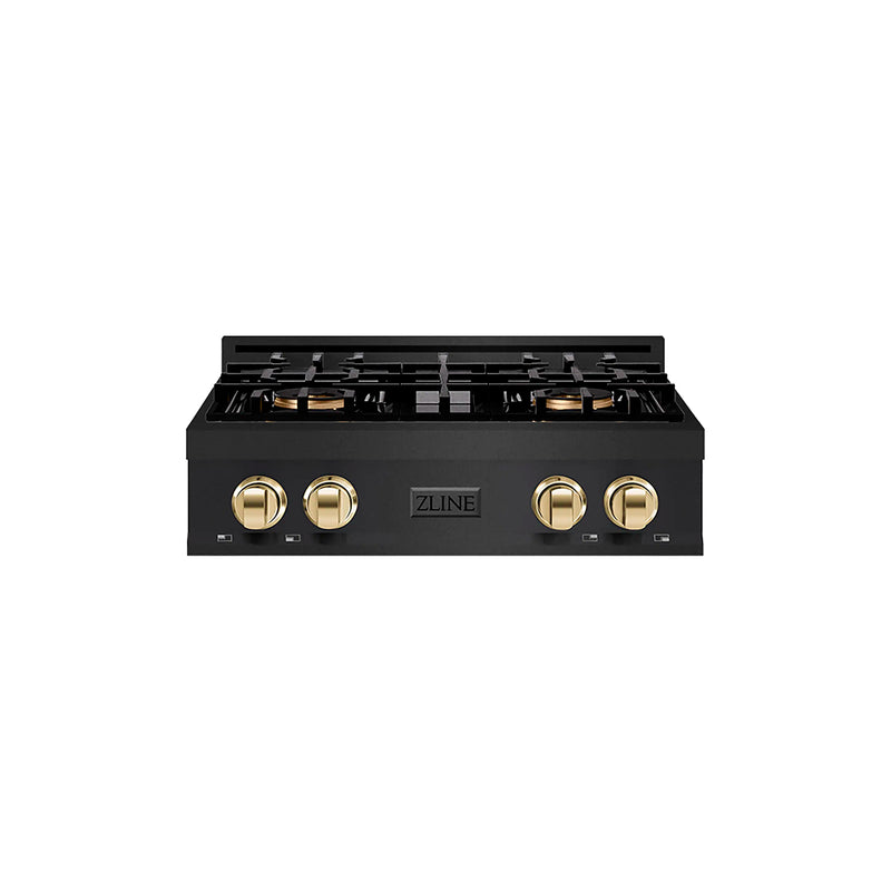 ZLINE Autograph Edition 30-Inch Classic Gas Rangetop with 4 Burner DuoPro™ Cooktop in Black Stainless Steel and Polished Gold Accents (PCRTBZ-30-G)