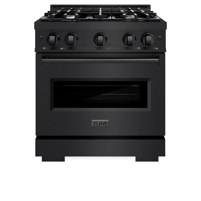 ZLINE 4-Piece Appliance Package - 30-Inch Dual Fuel Range, Hood, Refrigerator with Water Dispenser, and Dishwasher in Black Stainless Steel